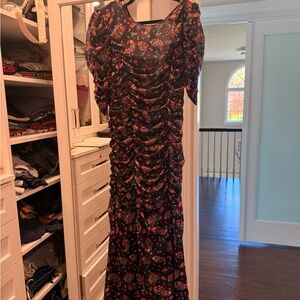 Floral Black and Red Ruched Dress